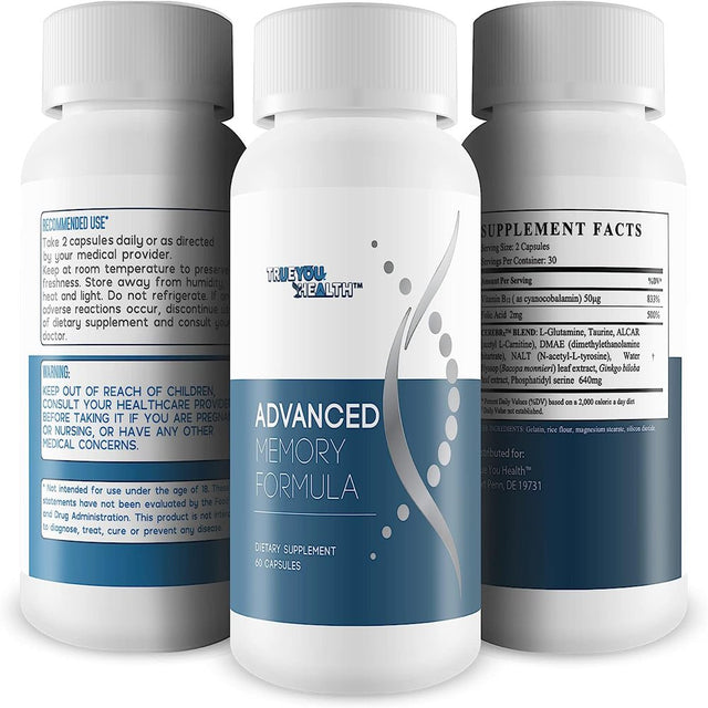 Advanced Memory Formula - by True You Health - Nootropic Brain Supplement - Formulated with Ginkgo Biloba, L-Glutamine, Bocopa Monnieri, Taurine, & More for Memory and Focus - 60 Count