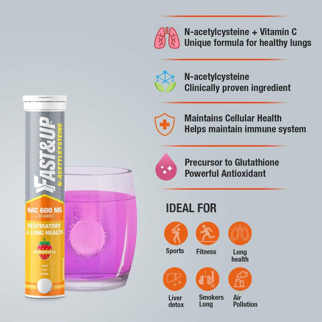 Fast&Up Nac (N-Acetylcysteine) + Vitamin C - Lungs Protective Supplement - Respiratory, Lung Health and Liver Detox - Strawberry Flavour (Pack of 20 Effervescent Tablets), White