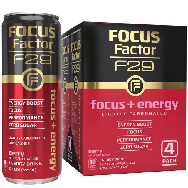 Focus Factor F29 Nootropic Focus + Energy Drink (Berry Flavor) – Sugar Free, Pack of 4 – Lightly Carbonated – 10 Calories per Serving – Nootropic Beverage
