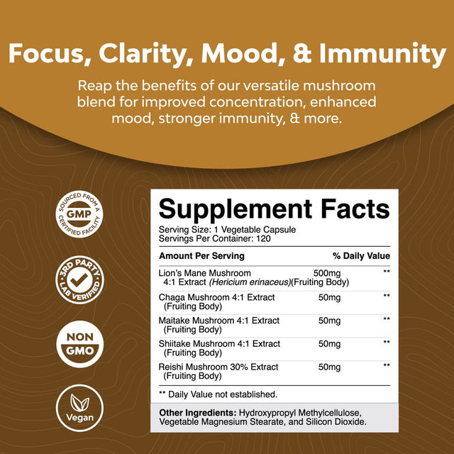 Master Mushroom Complex Nootropic Supplement - 5-In-1 Lion'S Mane Mushroom Supplement with Chaga Maitake Shiitake and Reishi Mushrooms Blend - Brain Booster Lion'S Mane Supplement - 120 Capsules