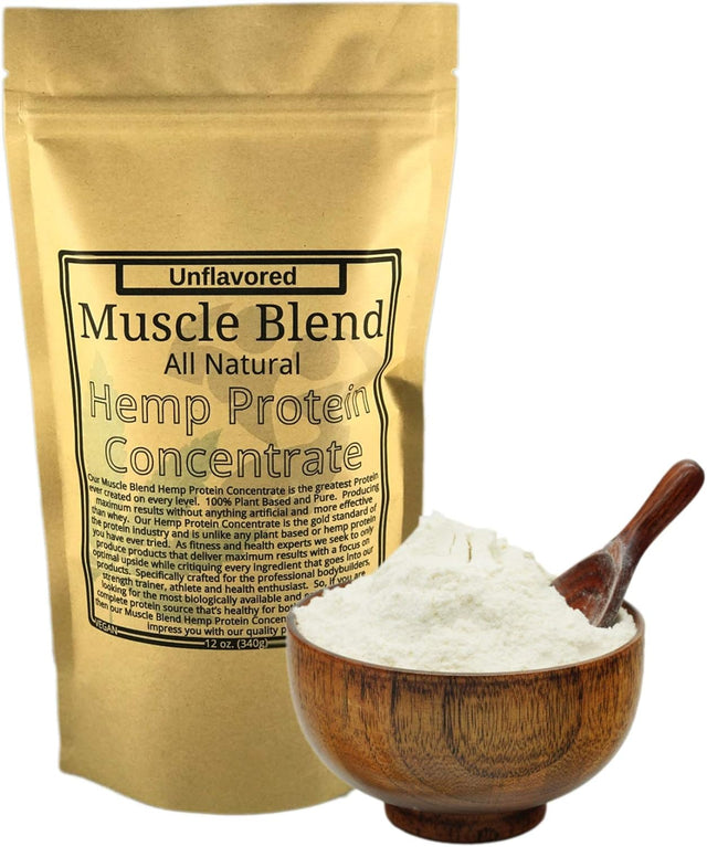 Hemp Protein Concentrate Powder, Raw Vegan, 100% Pure Unflavored, USA, Muscle Blend, 12 Oz Pouch