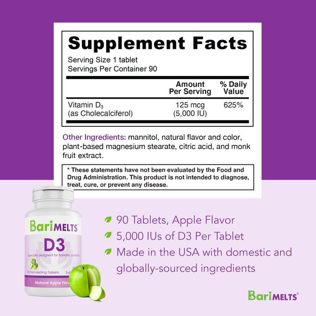 Barimelts Bariatric Vitamin D3 for Immune Support, 90 Fast-Melting Tablets, Post Weight Loss Surgery Patients, Apple Flavored Dietary Supplements