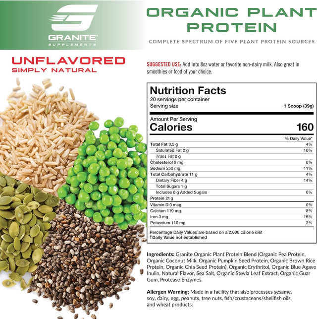Granite® Organic Vegan Plant Protein (Unflavored) | 21G Complete Spectrum Protein to Build Lean Muscle | 5 Plant Sources: Pea, Pumpkin, Chia, Rice, Coconut Milk | No Gluten, Dairy or Soy | 1.8Lb