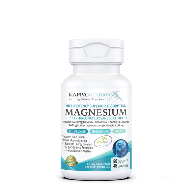 Magnesium, L-Threonate (90 Capsules), 2,253Mg per Serving, Providing 420Mg Elemental, Bisglycinate Chelate, Malate, for Brain, Sleep, Stress, Cramps, Headaches, Energy, Heart, from Kappa Nutrition.