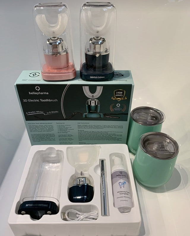 Hellopharma 3D Ultra Whitening Toothbrush, U-Shaped Toothbrush with Wireless Charging Station- Pink