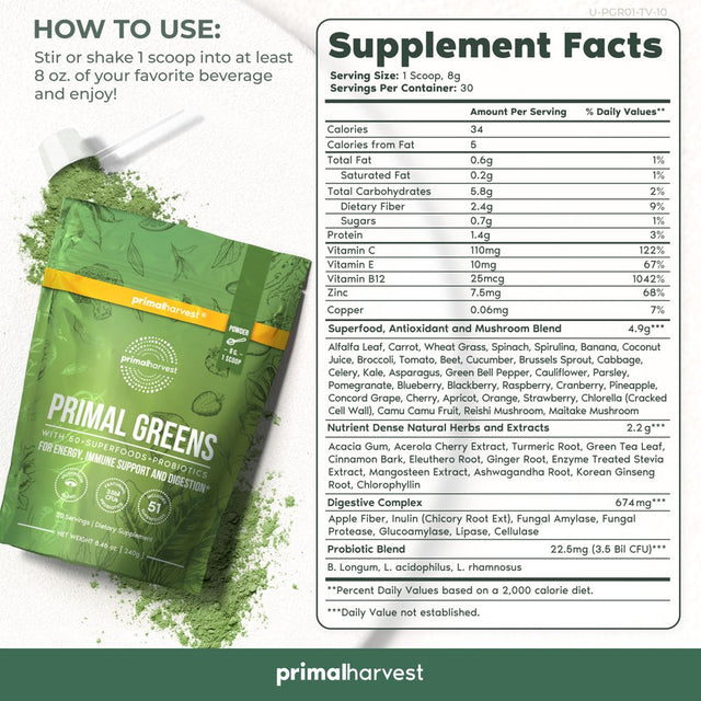 Greens Powder Supplement by Primal Harvest, 30 Servings and 51 Super Food