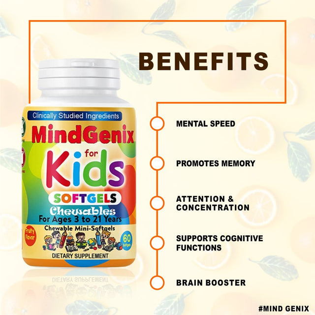 Mindgenix Kids Brain Focus Supplements for Kids & Teens, Kids Omega 3 Brain Booster Nootropic Supplement Focus Softgels 60Ct