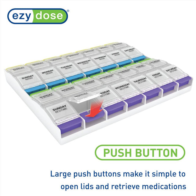 Ezy Dose Weekly (7-Day) Pill Organizer, 4 Times a Day Pill Planner, Push Button Compartments (2XL)