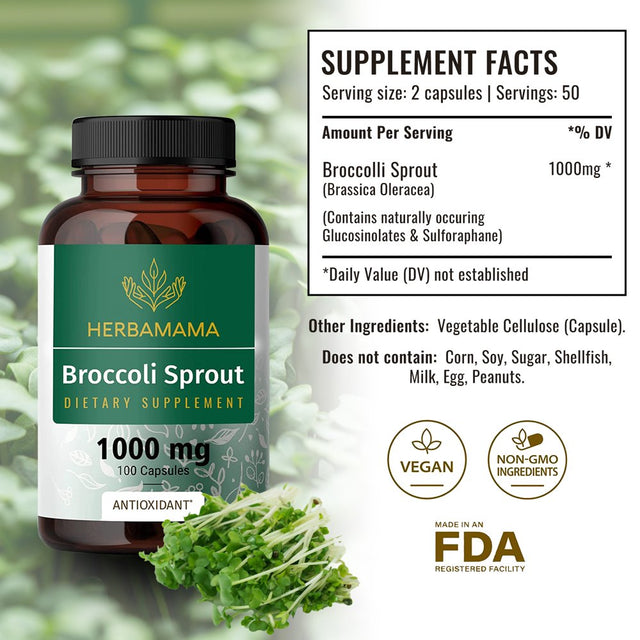 HERBAMAMA Broccoli Sprout Extract Capsules - Sulforaphane Supplement, 100 Veggie Caps
