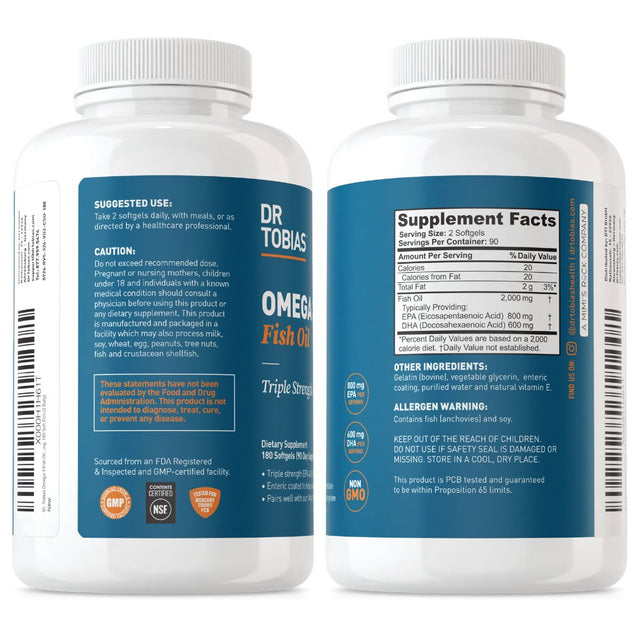 Dr. Tobias Omega 3 Fish Oil, 800 Mg EPA 600 Mg DHA Omega 3 Supplement for Heart, Brain & Immune Support, Absorbable Triple Strength Fish Oil Supplements - 2000 Mg per Serving, 180 Servings