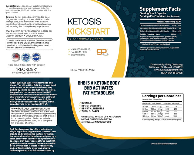 Ketosis Kickstart - 750 CT Beta-Hydroxybutyrate Salts for Ketogenic Diet in a Clear Square Grip Jar