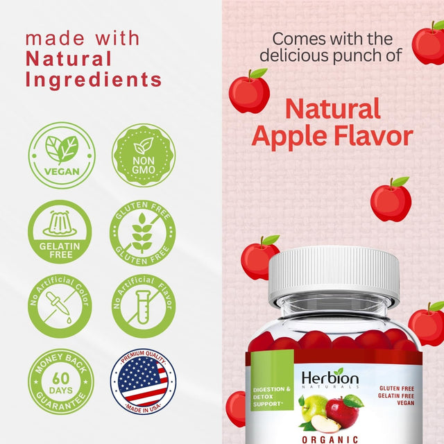Herbion Naturals Organic Apple Cider Vinegar Gummies with the “Mother”, Digestion and Detox Support, Pectin Based, Vegan, Made in the USA - (Pack of 2, 120 Gummies)