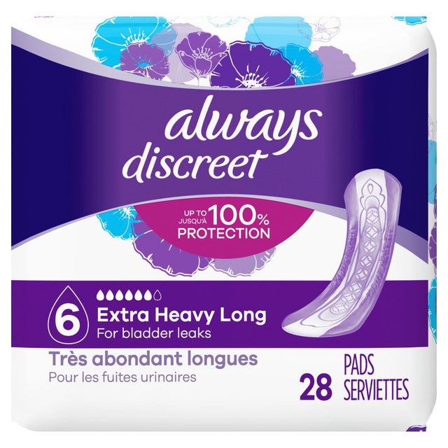 Always Discreet Size 6 Incontinence Pads for Women - Extra Heavy Long Length -- 28 Pads