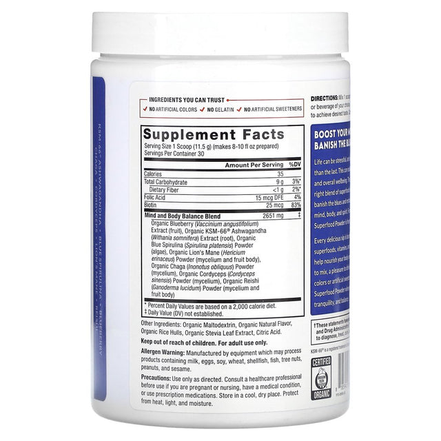 Force Factor Organics, Blues Superfood Powder, Summer Berry, 12.1 Oz (344 G)