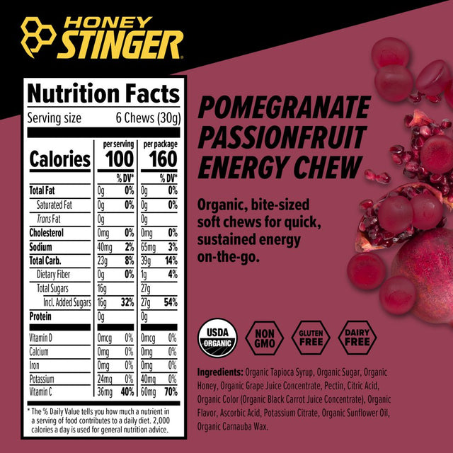Honey Stinger Organic Energy Chews, Pomegranate Passionfruit, 12 Ct