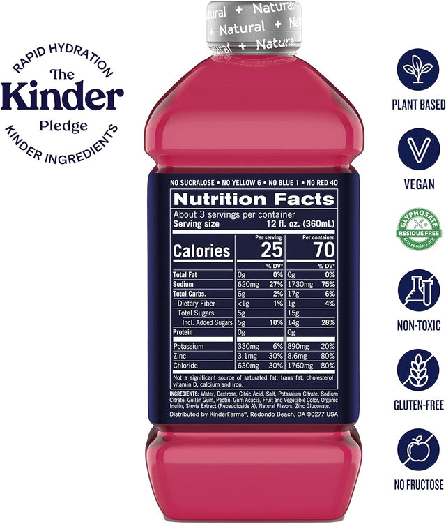 Kinderlyte Advanced Natural Hydration | Electrolyte Drinks with 33% More Electrolytes and Premax Prebiotic (Raspberry Lemonade, 6-Pack)