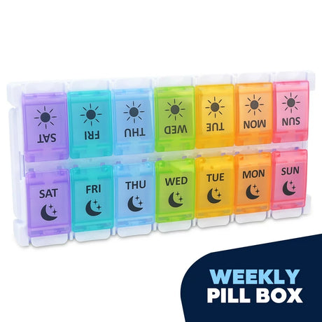 Pill Organizer, Weekly Large Pill Box 2 Times a Day, Assorted Colors Pill Case with 14 Compartment & Push Button, Arthritis Friendly Medicine Organizer for Fish Oil/Vitamin/Supplements/Travel