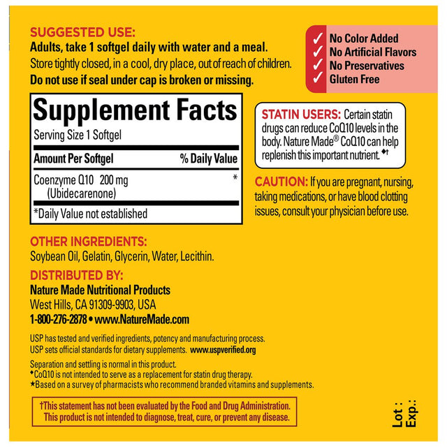 Nature Made Coq10 200Mg Softgels, Dietary Supplement for Heart Health Support, 30 Count