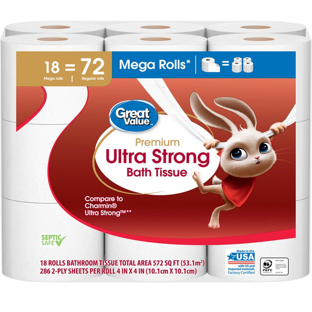 Great Value Ultra Strong Toilet Paper, 18 Mega Rolls