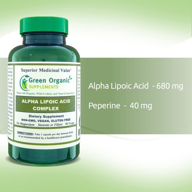Green Organic Supplements' Alpha Lipoic Acid Complex, ALA , 90 Vcaps Alpha Lipoic Acid Capsules (Single)