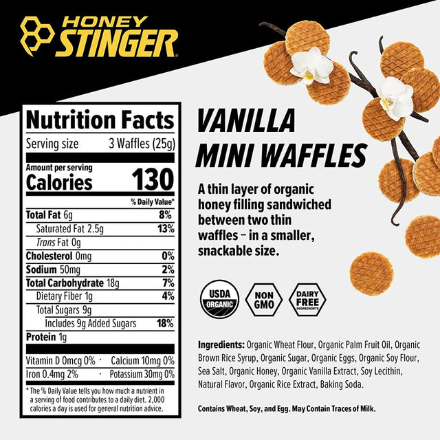 Honey Stinger, Organic Healthy Snack Mini Waffles, Vanilla, 5.3 Oz Bag