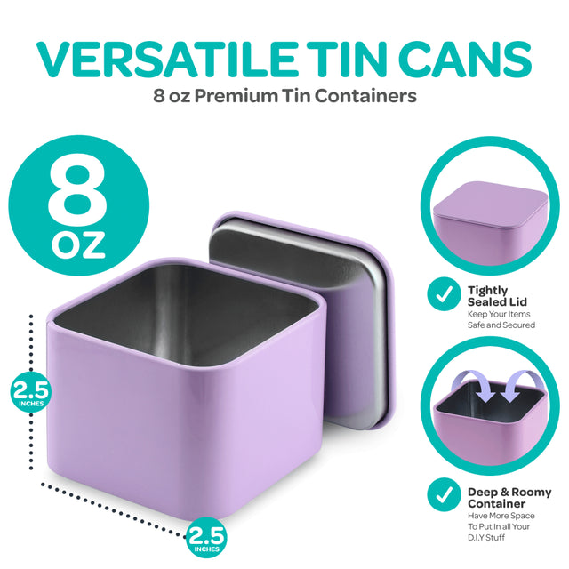 Hearts & Crafts Square 24 Tin Candle Tins with Lids for Candle Making - 8Oz - Lavender