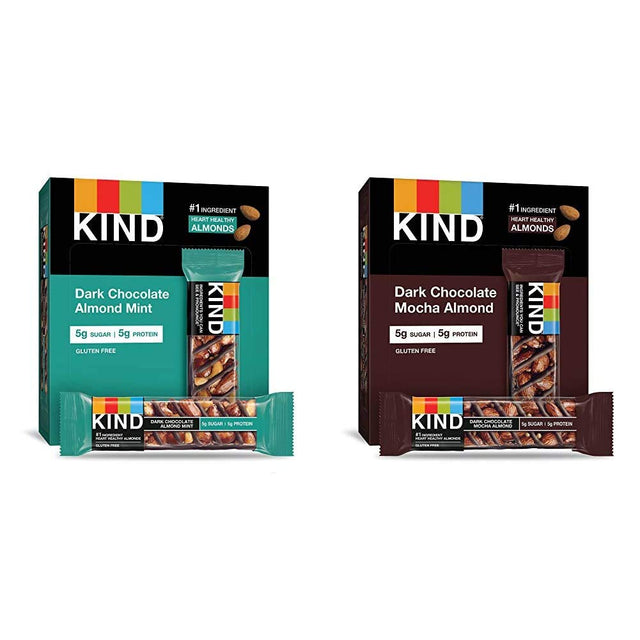 KIND Bars, Dark Chocolate Mint and Dark Chocolate Mocha Almond, Healthy Snacks, Gluten Free, Low Sugar, 12 Count