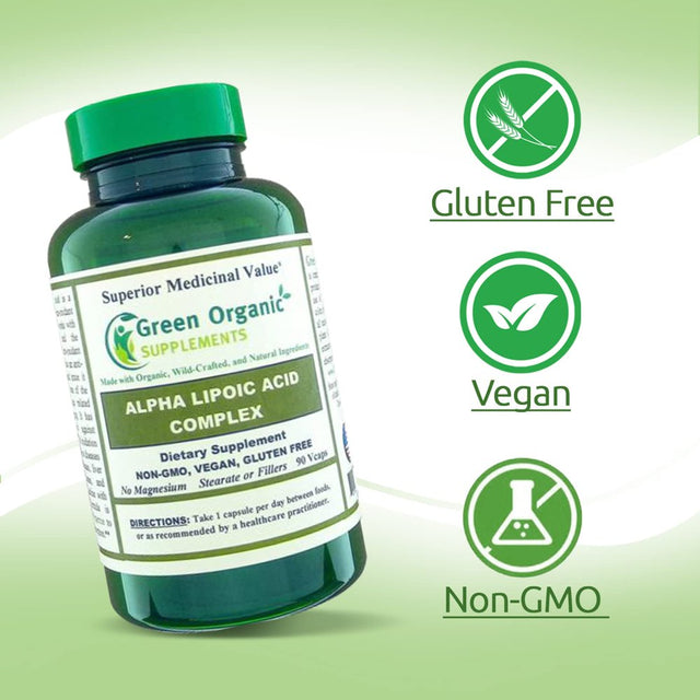 Green Organic Supplements' Alpha Lipoic Acid Complex, ALA , 90 Vcaps Alpha Lipoic Acid Capsules (Single)