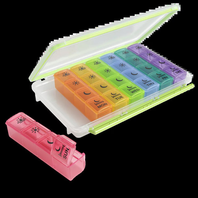 Ezy Dose Weekly (7-Day) Pill Organizer, 4 Times a Day, Travel Compartments, Rainbow