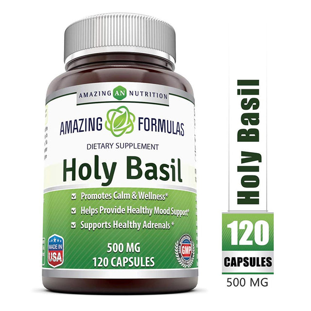 Amazing Nutrition Holy Basil Dietary Supplement - 500Mg 120 Capsules per Bottle - 100% Pure Tulsi (Ocimum Sanctum) Leaf Extract 4:1 Concentrate - Promotes Calm and Wellness