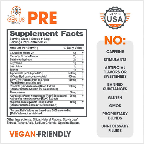 Pre-Workout Natural Energy Supplement - Caffeine-Free Nootropic Focus & Muscle Building Support, Blue Raspberry, Genius Pre by the Genius Brand