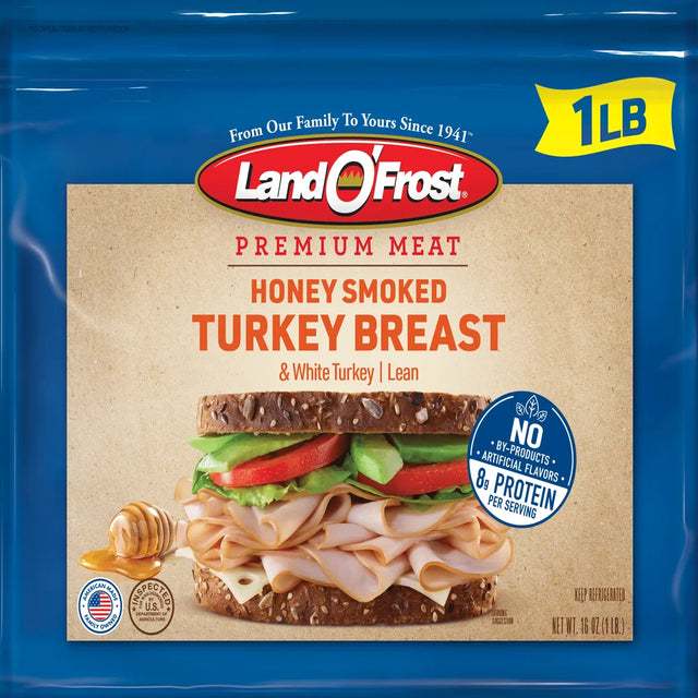 Land O' Frost Premium Honey Smoked Turkey Breast, Deli Sliced, 1 Lb, 4 Slice Serving, 8G Protein, Resealable Plastic Pouch