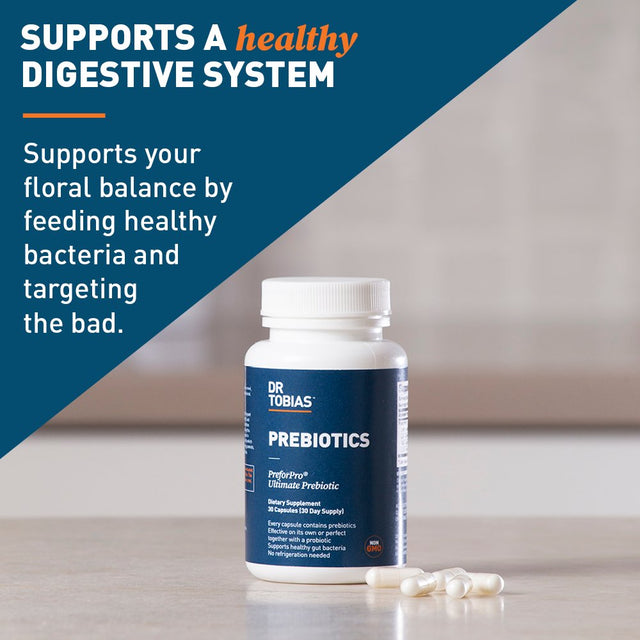 Dr. Tobias Prebiotics, Supports Digestion & Gut Health, Feed Good Probiotic Bacteria, Boost Gut Immune Function, Vegan & Non-Gmo Gut Health Supplements for Men and Women, 30 Capsules, 30 Servings