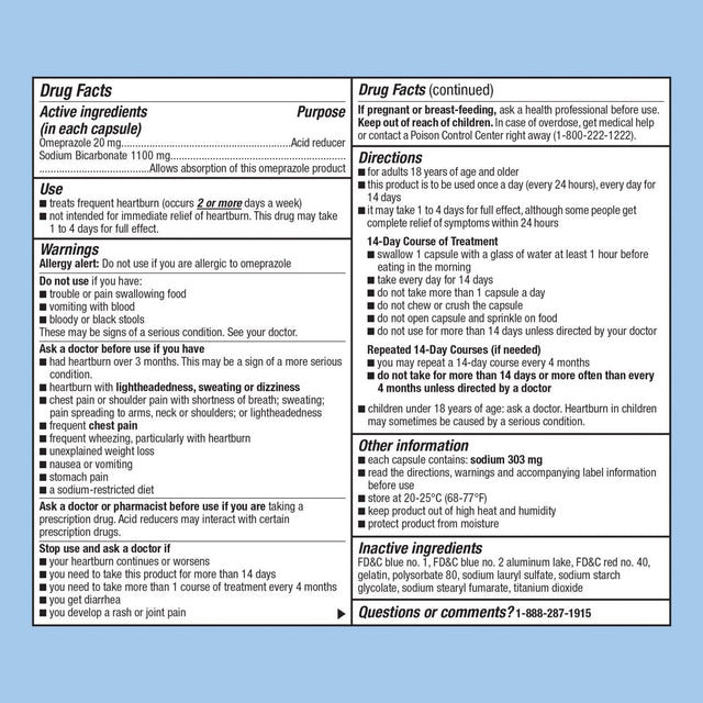 Equate Omeprazole and Sodium Bicarbonate Capsules, 20 Mg/1100 Mg, Acid Reducer, 42 Count