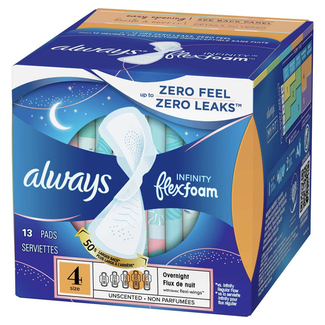 Always Infinity Feminine Pads with Wings, Size 4, Overnight Absorbency, Unscented, 13 Count