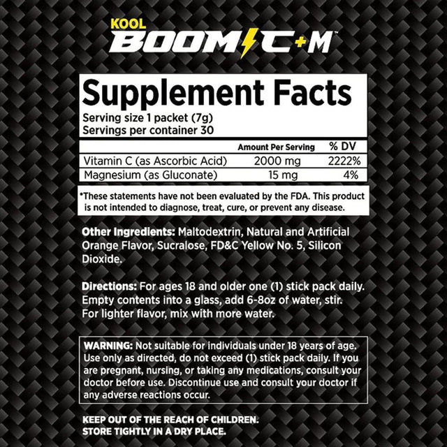 Kool Boom C + M - Vitamina C 2,000 Mg Más Magnesio - 30 Stick Packets (.25 Oz - 7G)