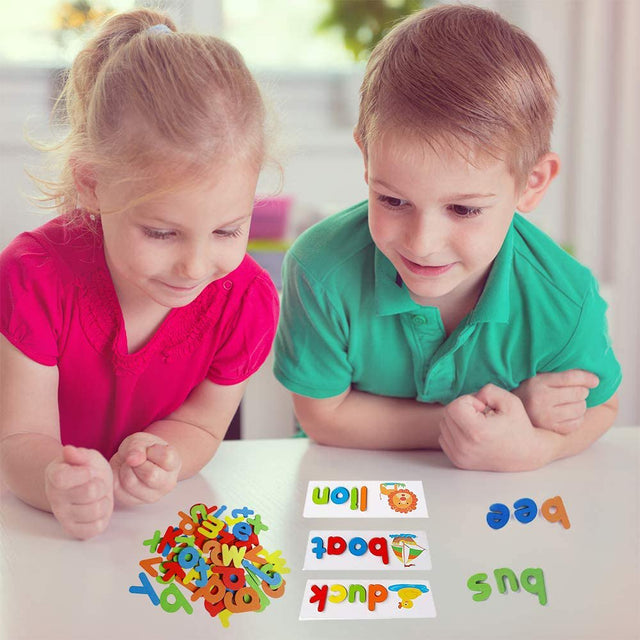 Gara See and Spell Pre-Learning Kids Toys, Sight Words Reading Montessori Game and Flash Cards Matching Puzzles, 28 Double-Sided Flash Cards & 52 Alphabet Wooden Blocks for 3-7-Year-Old