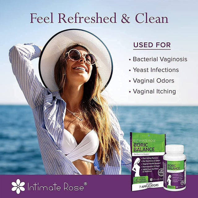 Intimate Rose Boric Acid , Ph Balance for Women, Boric Acid Vaginal Suppositories for Yeast Infection, Vaginitis, Bacterial Vaginosis, 30-Count (600Mg) Includes 7 Applicators - 100% Made in USA