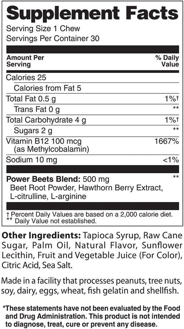 Healthy Delights Naturals Power Beets Soft Chews, Delicious Strawberry Burst, Concentrated Superfood Supplement, Supports Circulation, Natural Energy & Stamina, 30 Count