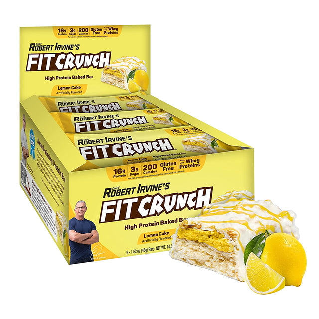 FITCRUNCH Snack Size Protein Bars, Designed by Robert Irvine, 6-Layer Baked Bar, 3G of Sugar & Soft Cake Core (9 Bars, Lemon Cake)
