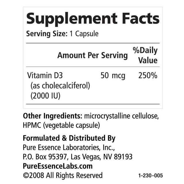 Vitamin D 2000 IU by Pure Essence -Vitamin D from 100% Pure Cholecalciferol - 30 Capsules