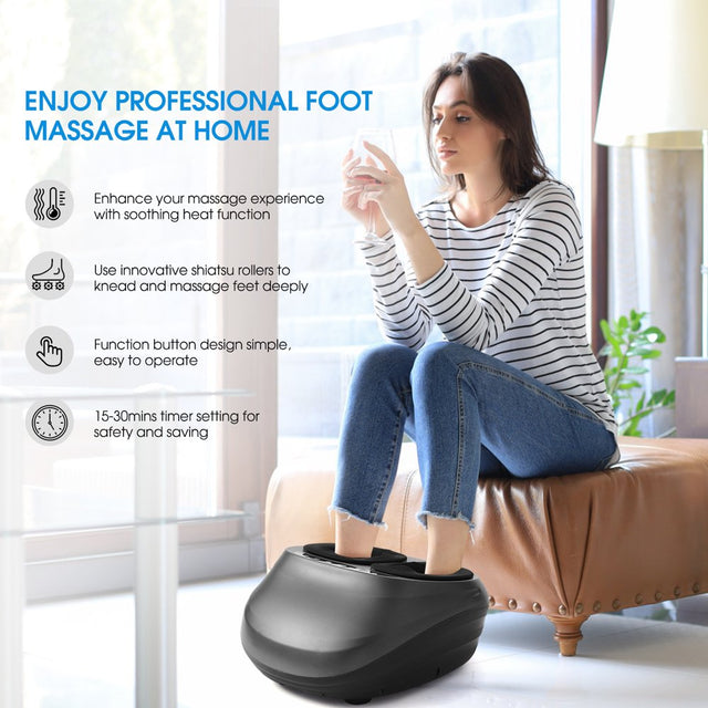 Foot Massager with Heat, Shiatsu Deep Kneading, Air Compression & 3 Heating Levels, Timer, Delivers Relief for Tired Muscles and Plantar Fasciitis & Neuropathy Pain, Gifts for Home and Office Use