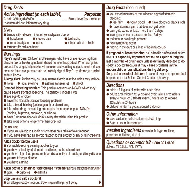 Genuine Bayer Aspirin Pain Reliever/Fever Reducer Coated Tablets, 325 Mg, 200 Count