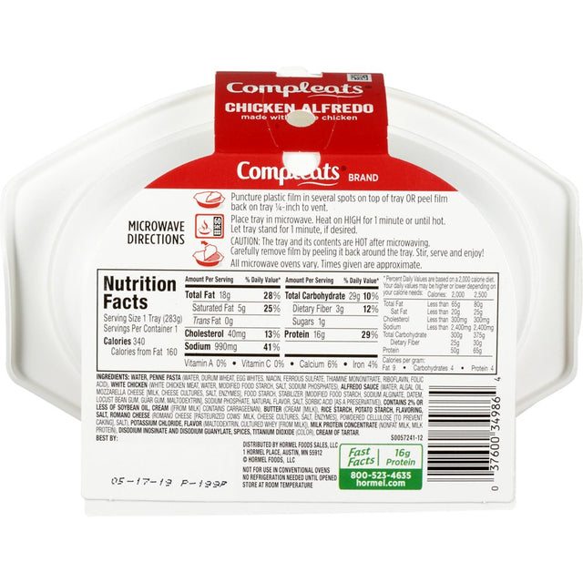 HORMEL COMPLEATS Chicken Alfredo, Shelf Stable, 10 Oz Plastic Tray