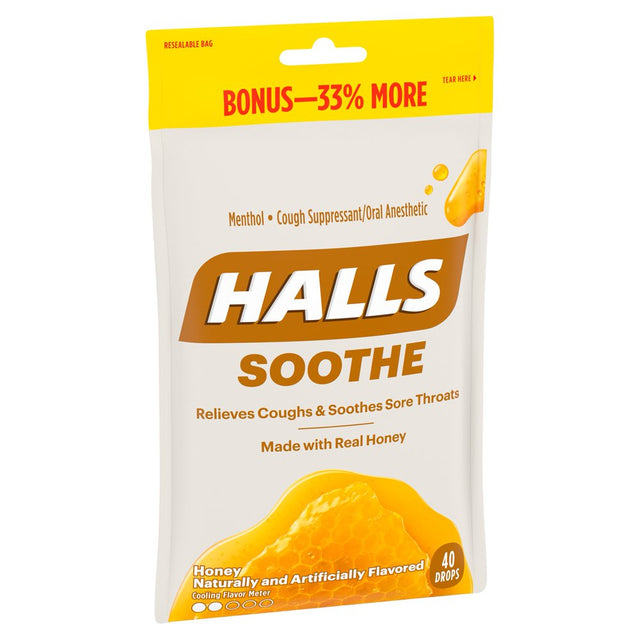 HALLS Soothe Honey Flavor Cough Drops, 1 Bag (40 Total Drops)