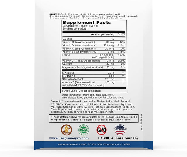 L-ARGININE PRO Supplement On-The-Go Single Serve Travel Packets - 5,500Mg of L-Arginine plus 1,100Mg L-Citrulline (Grape Berry, 30 Packets)