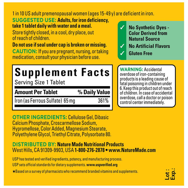 Nature Made Iron 65 Mg (325 Mg Ferrous Sulfate) Tablets, Dietary Supplement, 150 Count