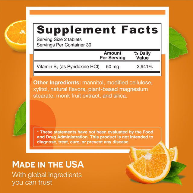 EZ Melts Vitamin B6 Supports Cell Membrane Health, 500 Mg 60 Tablets, Orange Flavored, Vegan Dietary Supplements, Dissolvable and Fast Melting