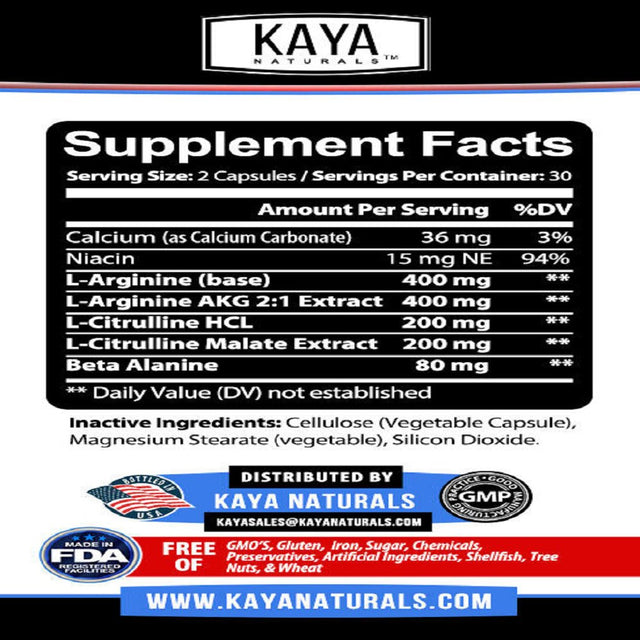Kaya Naturals Nitric Oxide No3 Testosterone Booster Libido ED Support L-Arginine Vasodilator