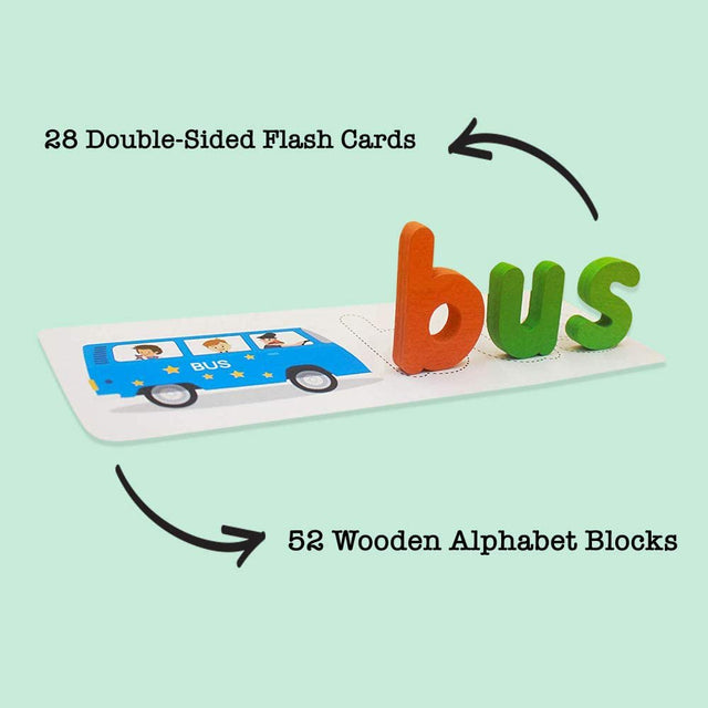 Gara See and Spell Pre-Learning Kids Toys, Sight Words Reading Montessori Game and Flash Cards Matching Puzzles, 28 Double-Sided Flash Cards & 52 Alphabet Wooden Blocks for 3-7-Year-Old